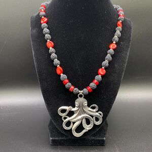 Handmade Octopus Necklace with Black Lava & Red Coral Beads by Neanie-Bot